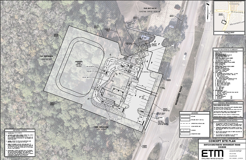 A concept site plan for Dutch Bros Coffee in East Arlington shows a drive-thru kiosk west of Monument Road, south of McCormick Road and next to a Watson Realty Corp. office.