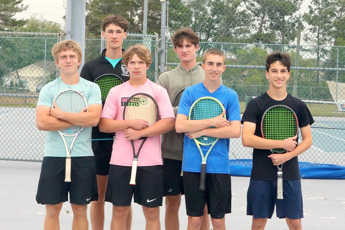 Matanzas High School boys tennis players from left: Adam Stochel Polubiea, Owen Brady, Stanislav Valenteychik, Daniel Patsula, Tyler Lemmon and Alexander Engblom. Photo by Brent Woronoff