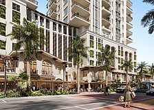 A rendering of the Mira Mar building set against the backdrop of Mira Mar Residences, the project that will provide revenue to fund the $25 million to $30 million restoration of the historic structure.