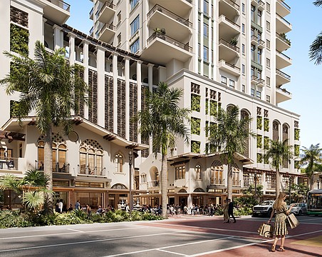 A rendering of the Mira Mar building set against the backdrop of Mira Mar Residences, the project that will provide revenue to fund the $25 million to $30 million restoration of the historic structure.