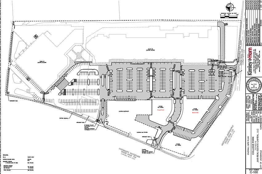 Site plans for a hotel proposed for Arlington's College Park show a separate structure designated as a food hall adjacent to the planned hotel. Another undefined future outparcel fronting University Boulevard.