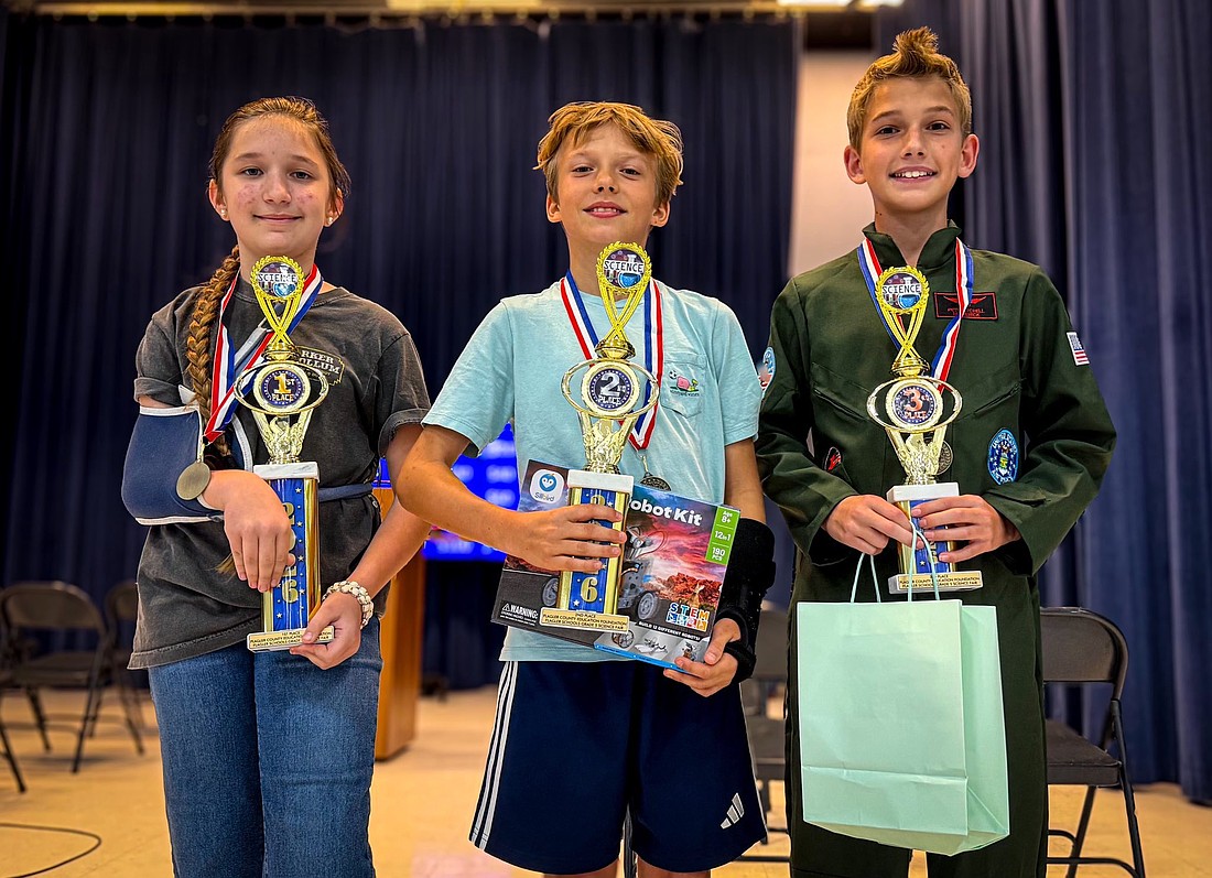 Flagler Schools' Fifth Grade Science Fair winners: First place — Margaret Reiter, Wadsworth Elementary School; Second place — Leon Krawczyk, Old Kings Elementary School; Third place — Levi Borg, Old Kings Elementary School. Courtesy photo/Flagler Schools.