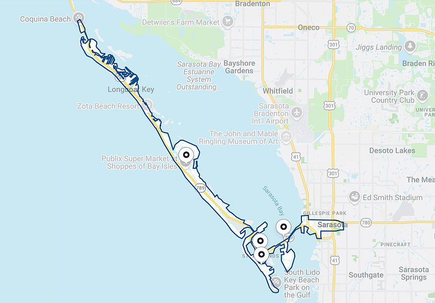 The Longboat Key/Lido Key/Downtown Sarasota Breeze OnDemand zone allows riders to book a ride that begins and ends within the zone outlined on the above map.