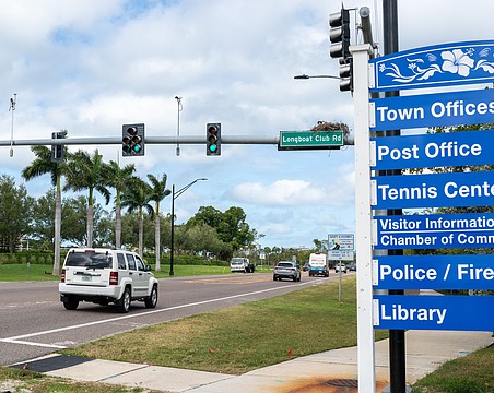 Longboat Club Road is the first signaled intersection when entering Longboat Key from the south from City Island.