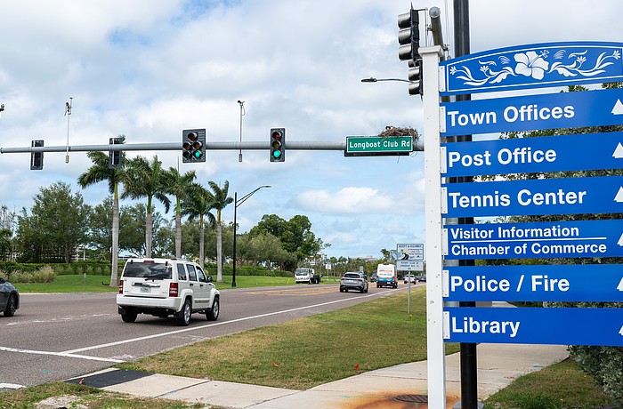 Longboat Club Road is the first signaled intersection when entering Longboat Key from the south from City Island.