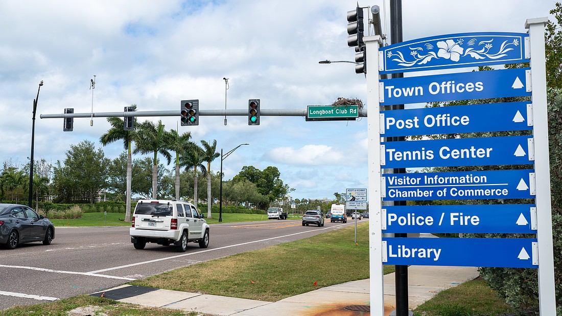 Longboat Club Road is the first signaled intersection when entering Longboat Key from the south from City Island.