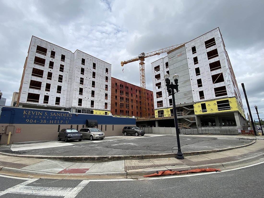 Bryan Moll, principal of the Gateway Jax development, said workers have topped out the 286-unit multifamily development at 425 W. Beaver St., which also will include 17,500 square feet of retail space. Completion is expected in the second quarter of 2027, Moll said.
