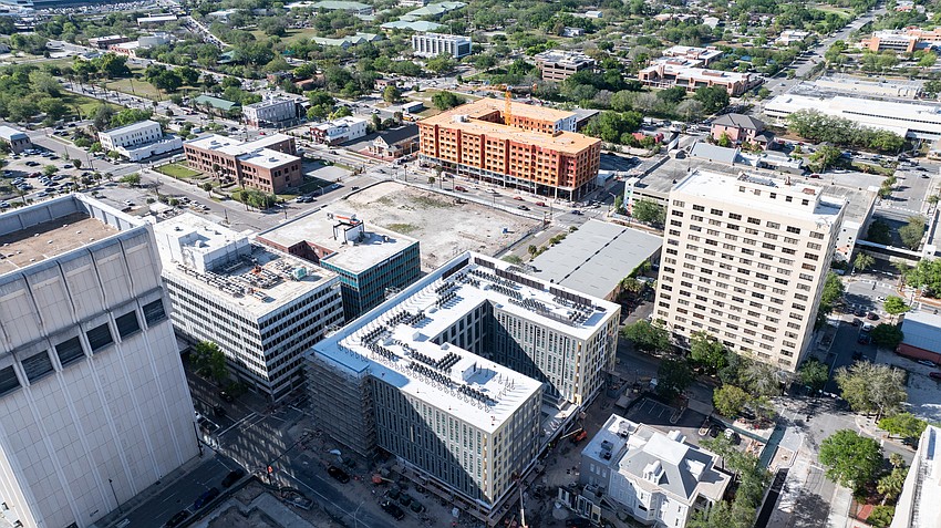 Gateway Jax's first building in Pearl Square, Vandeveer, is shown at center bottom. It is expected to be completed in 2026. The second project, at 425 Beaver St., is at top center.