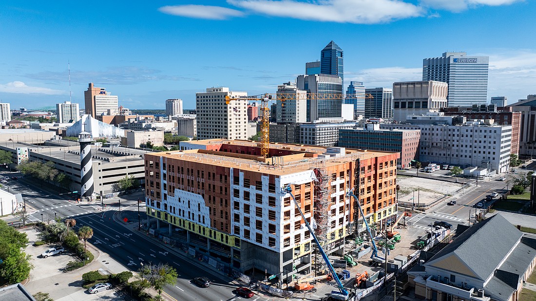Bryan Moll, principal of the Gateway Jax development, said workers have topped out the 286-unit multifamily development at 425 W. Beaver St., which also will include 17,500 square feet of retail space. Completion is expected in the second quarter of 2027, Moll said.