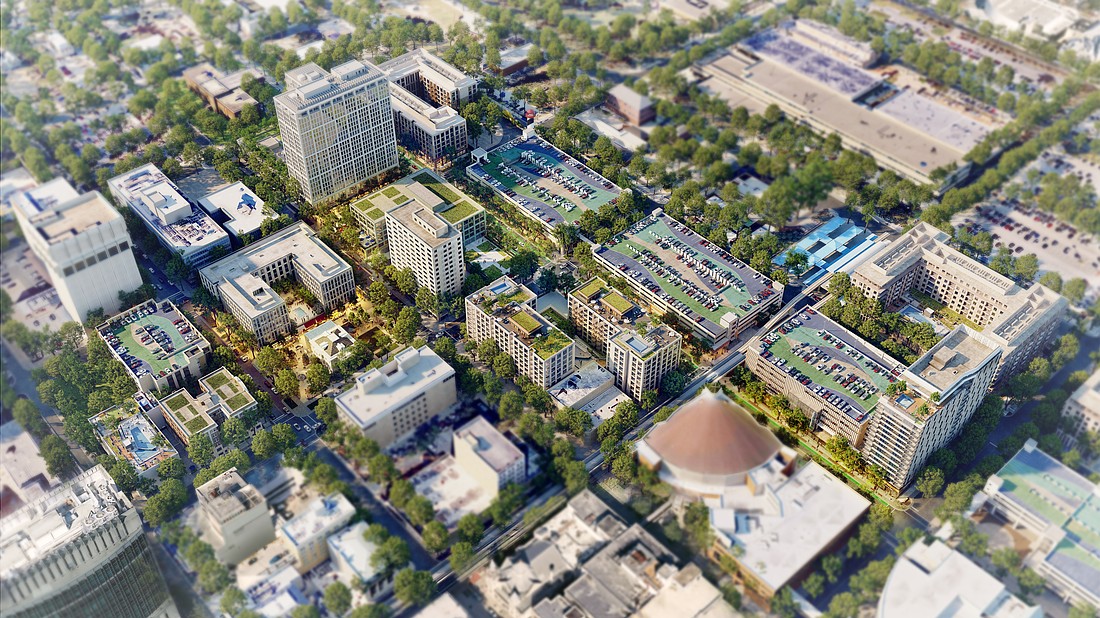 An aerial rendering of Gateway Jax's Pearl Square under construction in Downtown Jacksonville.