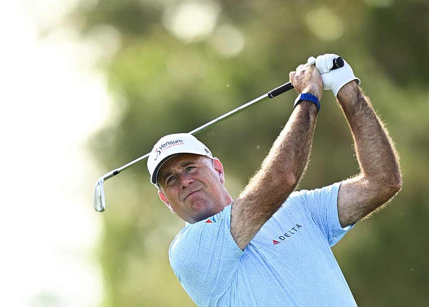 Stewart Cink hits his tee shot at the eighth hole during the final round of the 2025 Charles Schwab Cup Championship. Cink has finished in the top 10 of all four tournaments he's played this season.