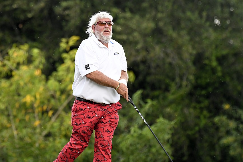 John Daly hits his tee shot at the sixth hole during the second round of the 2020 Timber Tech Championship. Now 59 years old, he's become a fan-favorite personality on the PGA Tour Champions.