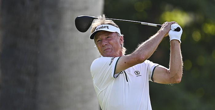 Bernhard Langer hits a drive on the third hole during the first round of the 2025 Charles Schwab Cup Championship. He's won an all-time record 12 senior majors in his storied career.