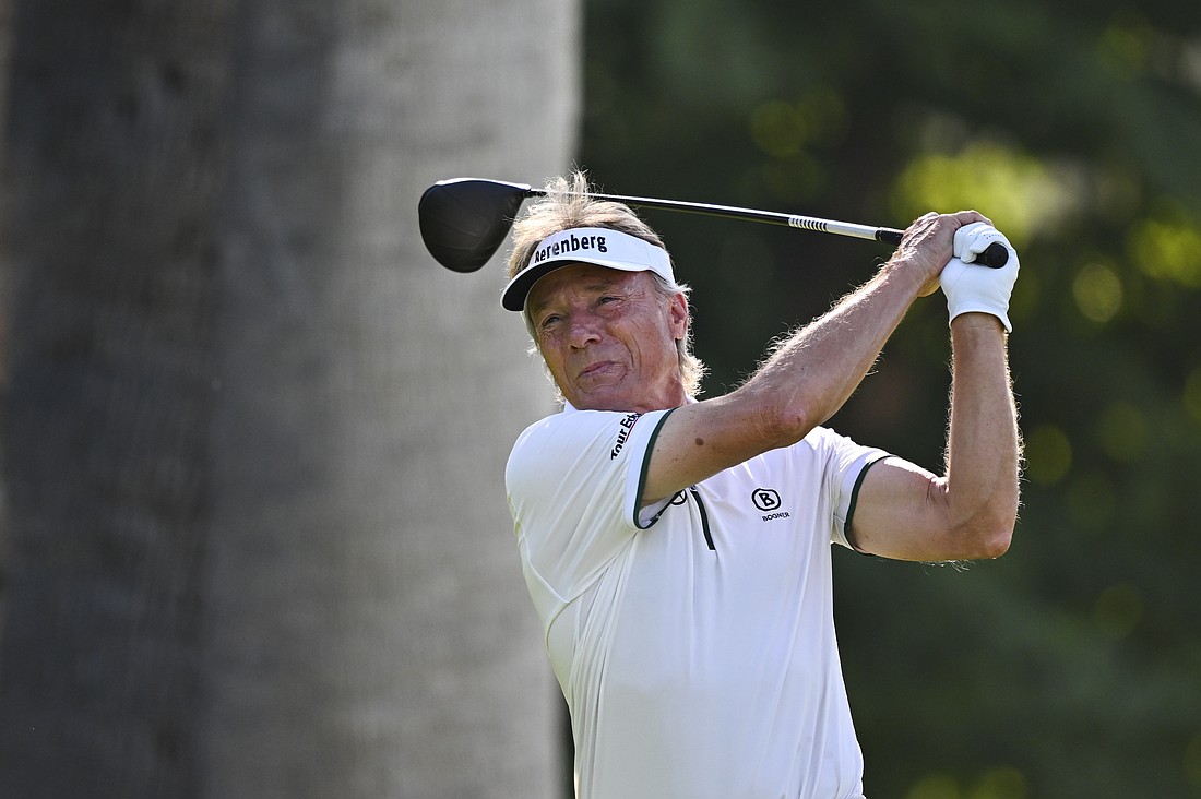 Bernhard Langer hits a drive on the third hole during the first round of the 2025 Charles Schwab Cup Championship. He's won an all-time record 12 senior majors in his storied career.