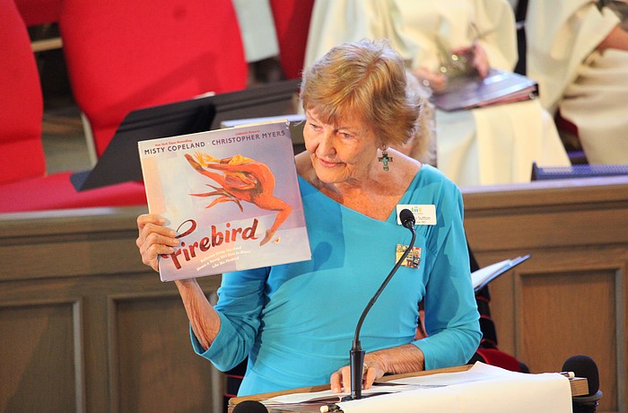 Beverly Sutton, director of the outgoing Reading Buddies program that paired Christ Church of Longboat Key volunteers with students from Bradenton schools, speaks to the impact the after-school program had on everyone involved. Volunteers shared their appreciation for teachers and students at the April 12 service and reception.