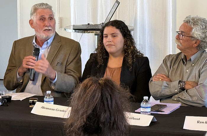 From left, Jon Thaxton speaks to members of the Downtown Sarasota Condominium Association as Sarasota Capital Projects Manager Alvimarie Corales and local historian Jeff LaHurd look on.
