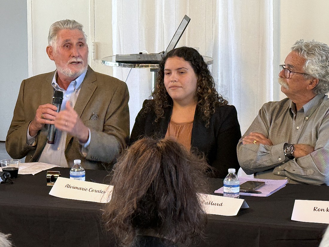 From left, Jon Thaxton speaks to members of the Downtown Sarasota Condominium Association as Sarasota Capital Projects Manager Alvimarie Corales and local historian Jeff LaHurd look on.