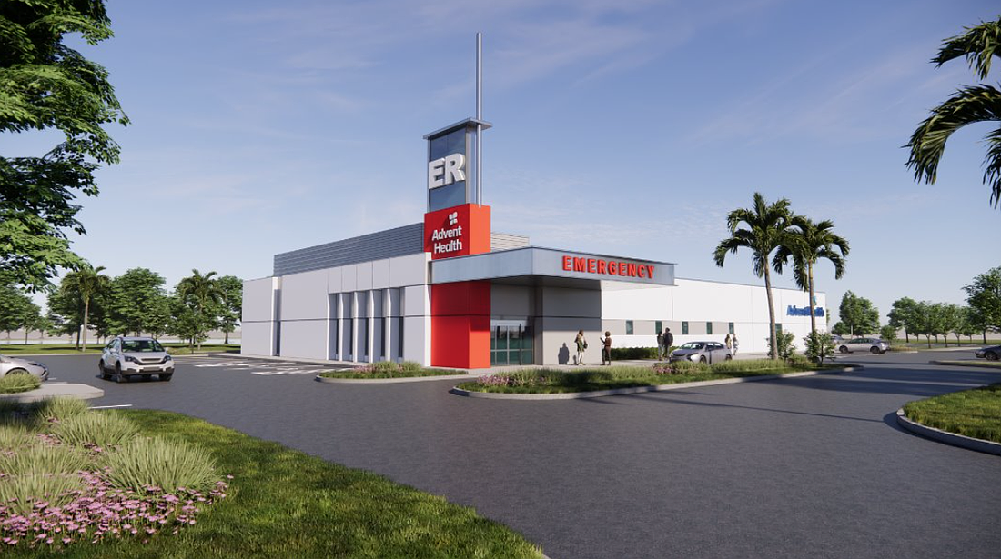 A rendering from HuntonBrady of AdventHealth's New Port Richey ER, which is expected to open in 2027.