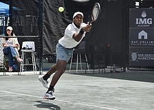 Nishesh Basavareddy extends for a backhand return. The 20-year-old American was one of the biggest rising talents who competed at this year's Sarasota Open from April 5-12 at IMG Academy.