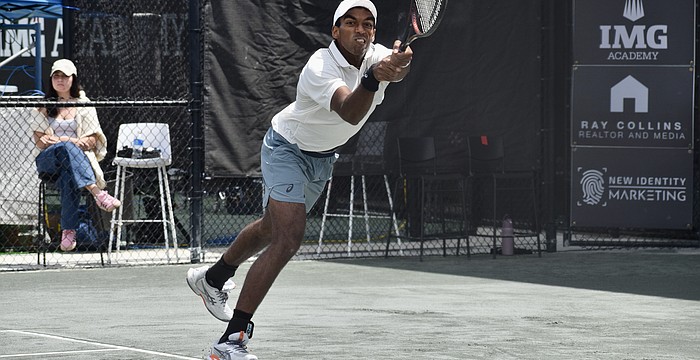 Nishesh Basavareddy extends for a backhand return. The 20-year-old American was one of the biggest rising talents who competed at this year's Sarasota Open from April 5-12 at IMG Academy.