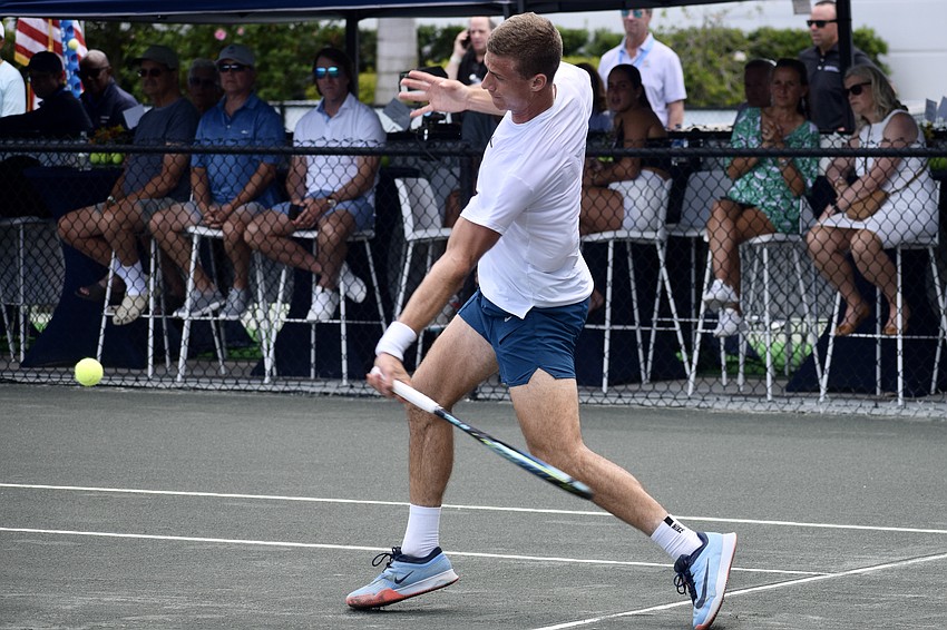 Daniil Glinka goes for a forehand return. The 25-year-old Estonian reached the singles quarterfinals of the 2026 Sarasota Open.