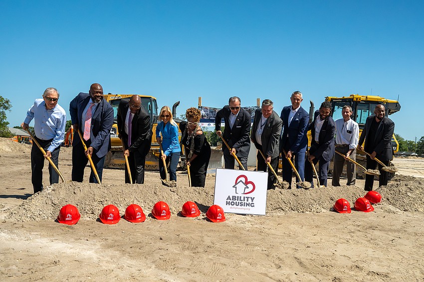 Jacksonville Mayor Donna Deegan and City Council members Rahman Johnson, Chris Miller and Ju'Coby Pittman were among participants in an April 15 groundbreaking ceremony for the $46 million transformation of the former Lake Forest Elementary School property into 120 affordable apartments.