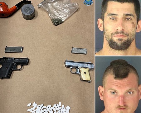 Contents seized from the stolen vehicle stopped on St. Armands include two handguns and oxycodone pills. Elliot Clark (top) was released on a $150 bond and is scheduled to appear in court on May 7. Collin Aymond remains at the Sarasota County Jail on a $38,000 bond.