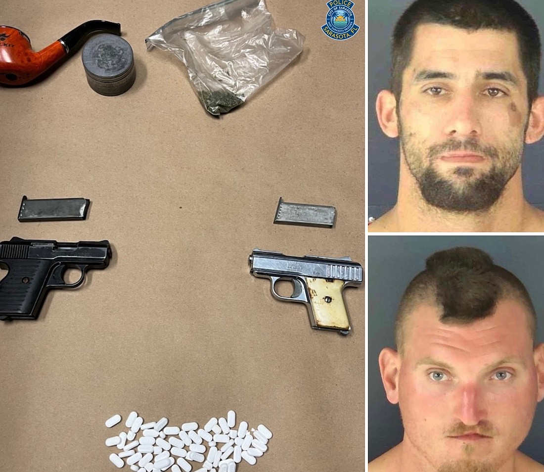 Contents seized from the stolen vehicle stopped on St. Armands include two handguns and oxycodone pills. Collin Aymond (top) remains at the Sarasota County Jail on a $38,000 bond. Elliot Clark was released on a $150 bond and is scheduled to appear in court on May 7.