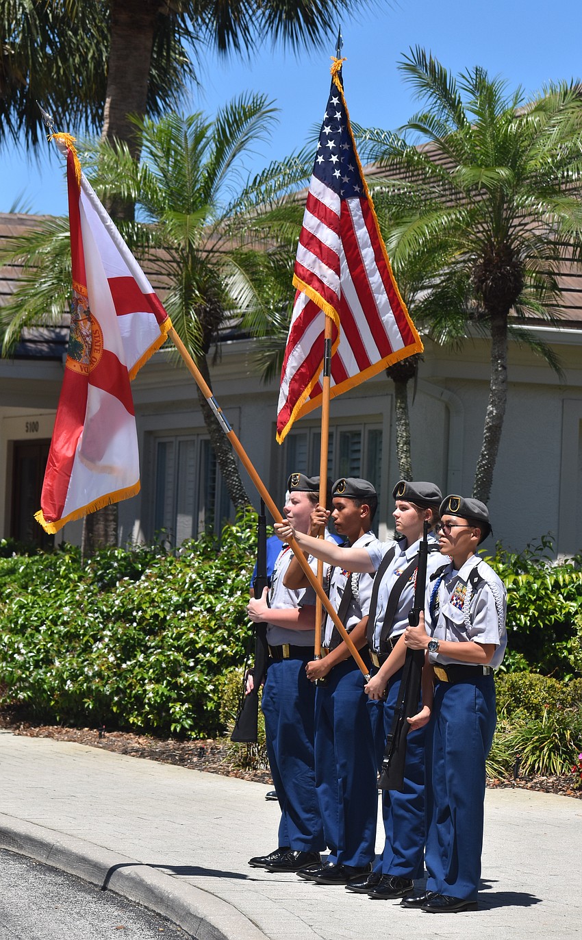 Sarasota Military Academy juniors Nathan New, Joey Miguel, Kimberly Howe and Benson Van present the colors at the 2026 Rosedale Golf Classic at Rosedale Golf and Country Club April 15.