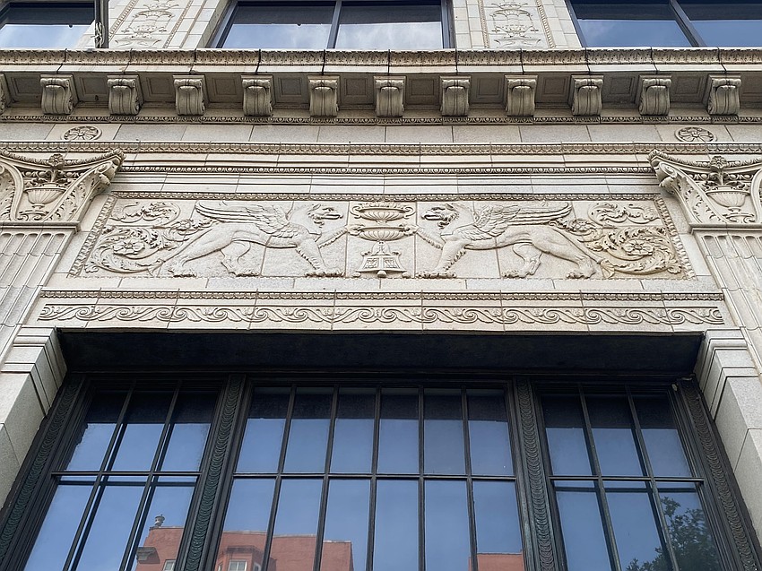 Sculptural details adorn the exterior of The Greenleaf, 200 N. Laura St. JWB Real Estate Partners moved its headquarters to the 1920s building after restoring it.