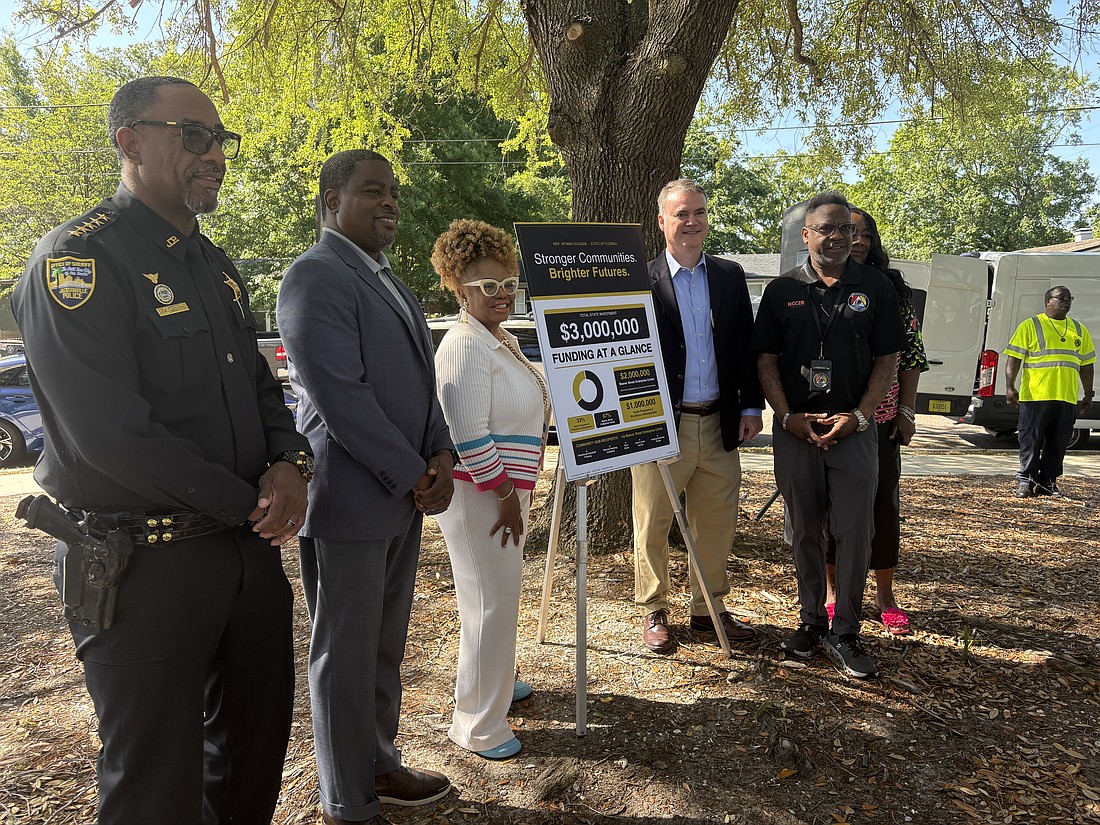 Participants in an April 16 media event announcing $3 million in state funding for Northwest Jacksonville included, from left, Jacksonville Sheriff T.K. Waters, Beaver Street Enterprise Center Executive Director Terrance Brisbane, City Council member Ju’Coby Pittman, State Rep. Wyman Duggan, Workforce Industrial Training owner James Coleman and Sharron Nursing Academy CEO Sharron Braziel-Marshall.