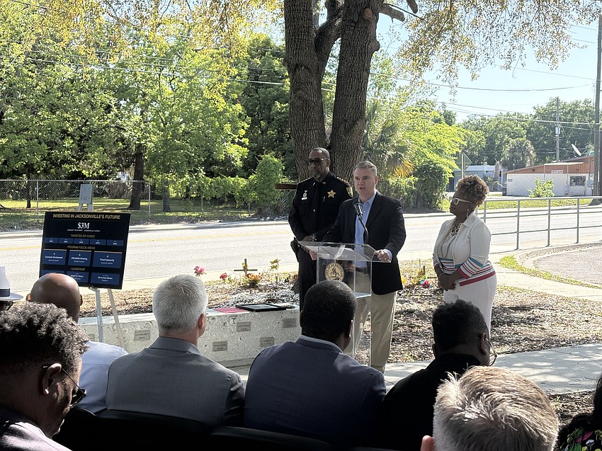 State Rep. Wyman Duggan, R-Jacksonville, speaks at an April 16 media event announcing $3 million in state funding for small business development, vocational training and workforce development, food insecurity relief and more in Northwest Jacksonville. Standing beside Duggan are Jacksonville City Council member Ju'Coby Pittman and Sheriff T.K. Waters.