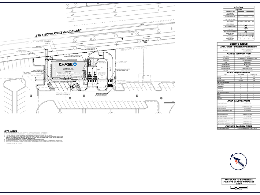Site plans filed with the city show Chase intends to build a 3,432-square-foot bank on a 0.32-acre site along Stillwood Pines Boulevard in The Village at Seven Pines.
