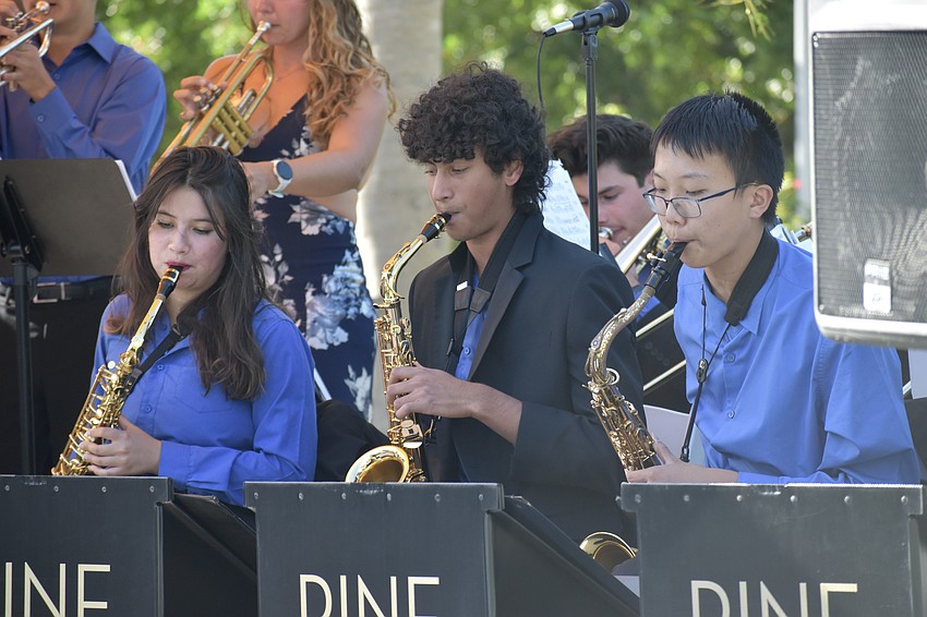 Senior Aeon Johnson, and juniors Neil Acharya and Harry Xu, perform with the Pine View Jazz Band.