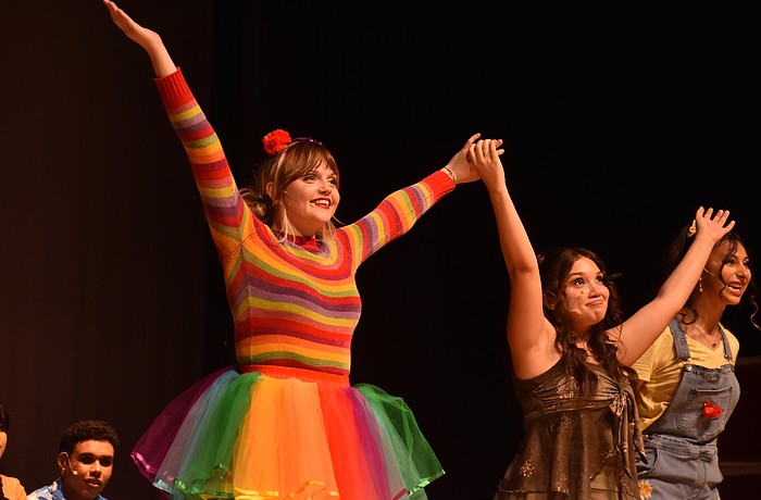 Senior Alexis Huffstutler says she enjoys helping younger students, like freshman Naya Cordero, to come out of their shells and express themselves through acting.