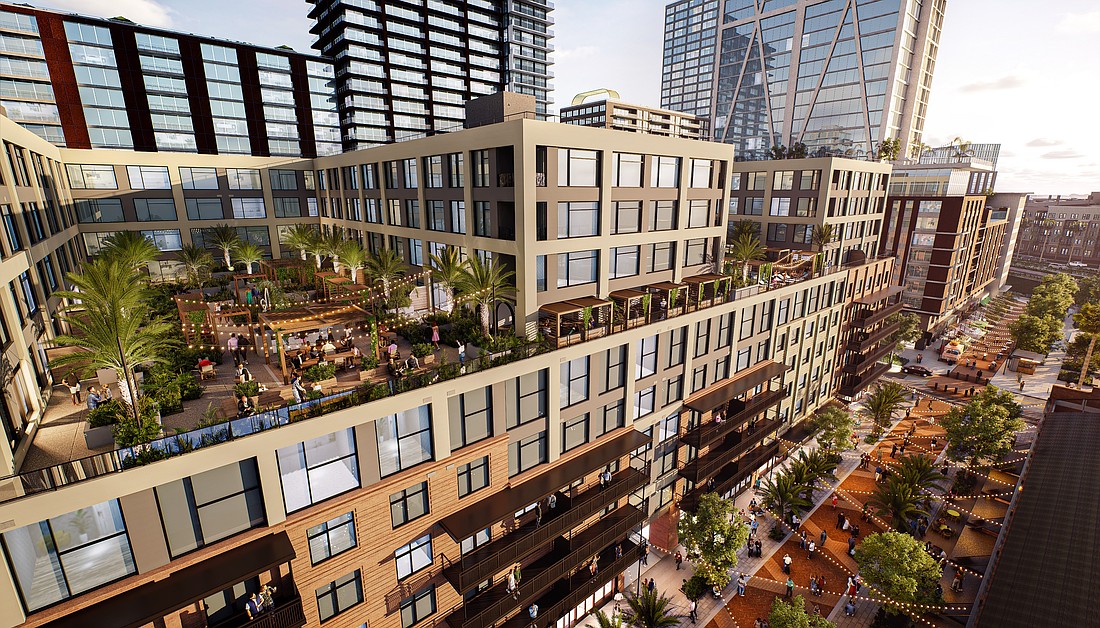 Rendering shows the rooftop of Olivette, a planned multifamily residential building, and the 3rd Avenue Paseo.