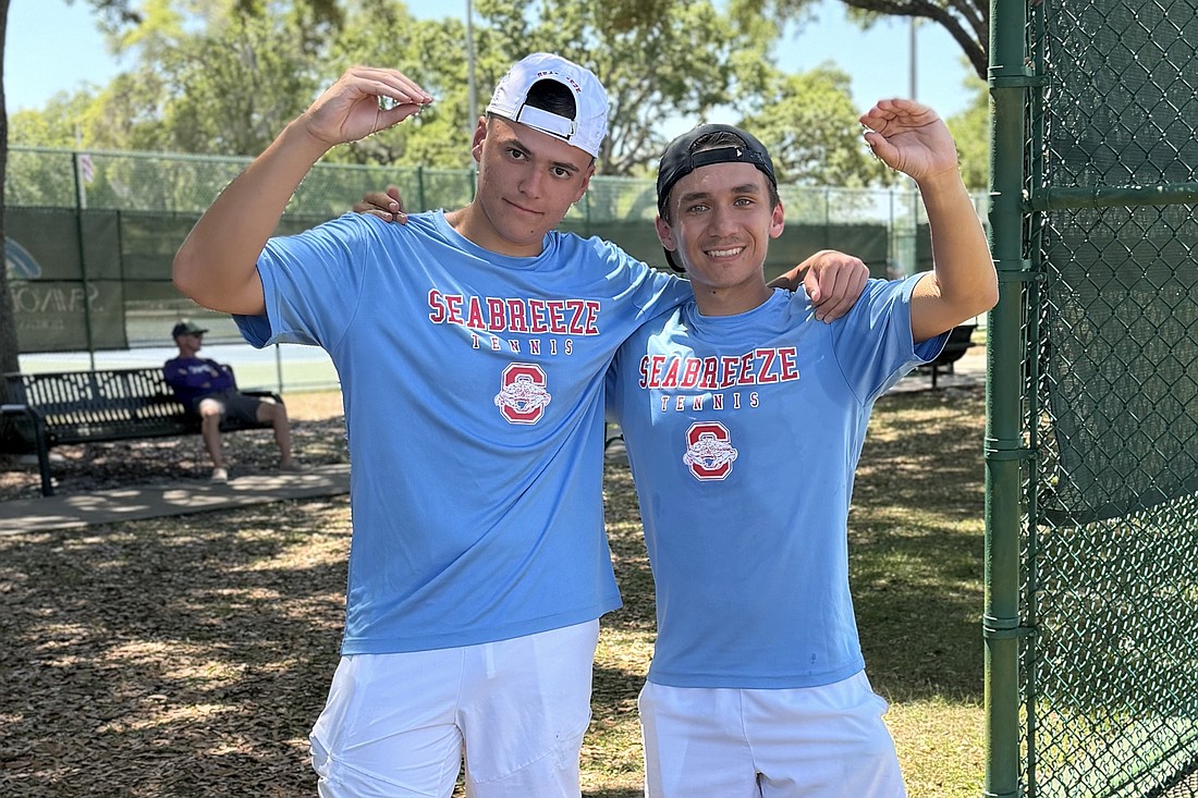 Seabreeze's JJ Martin (left) and Hunter Shuler are headed to the state tennis championships after winning district titles. Martin will play in singles and also in doubles with Shuler at the Class 3A championships April 29-May 1. Courtesy photo