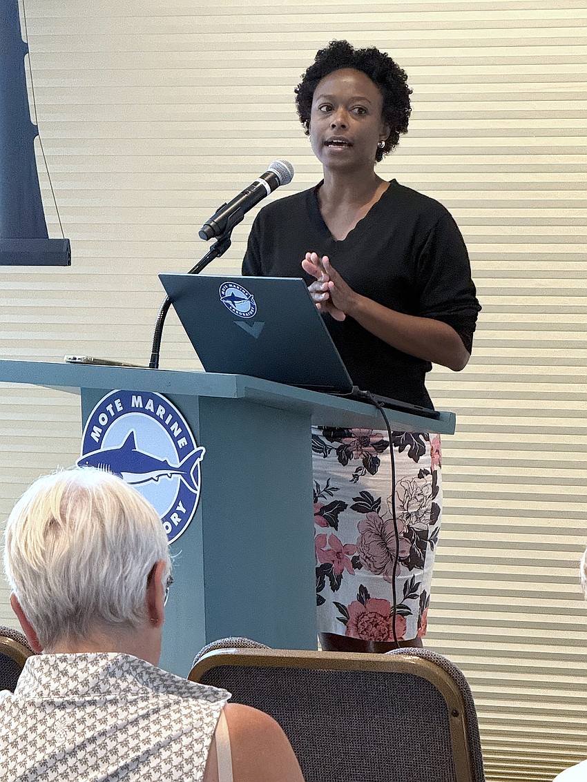 City of Sarasota Business Relations Coordinator Rochelle Gallant speaks to the crowd at the second St. Armands Circle visioning session on April 13.