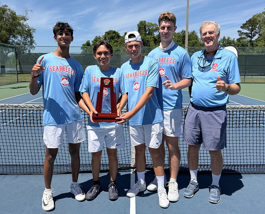 Seabreeze players and coach Tom Kelly pose with the district trophy. From left: Tej Patel, Hunter Shuler, JJ Martin, Jordan Anthony and Kelly. Not pictured: Ben Upchurch. Courtesy photo