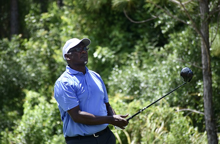 Vijay Singh watches his drive on the fifth hole at The Concession Golf Club. The World Golf Hall of Famer and 34-time PGA Tour winner shot 5-under par in the third round of the Senior PGA Championship.