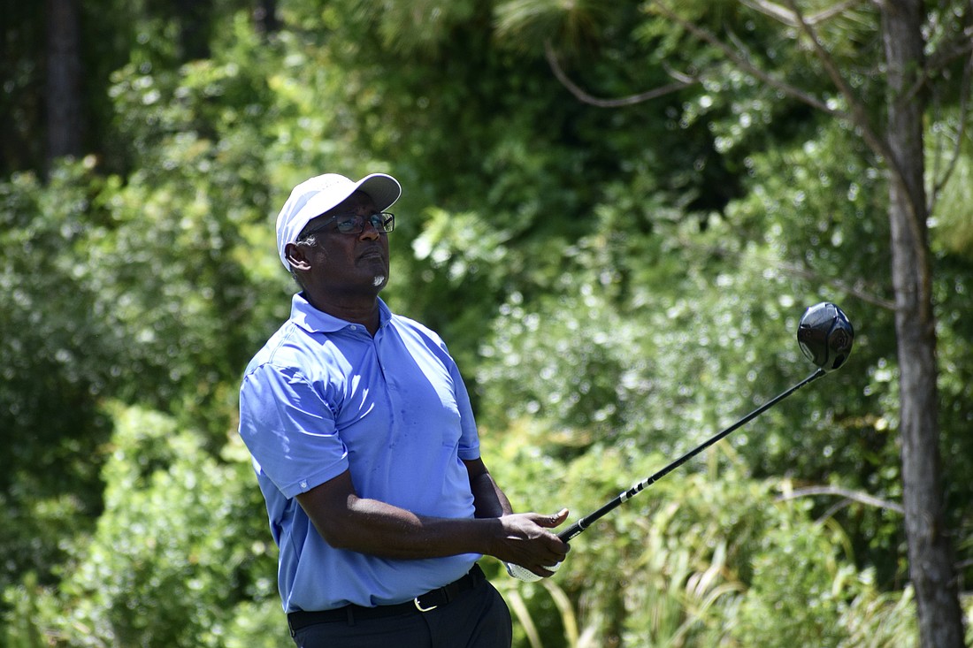 Vijay Singh watches his drive on the fifth hole at The Concession Golf Club. The World Golf Hall of Famer and 34-time PGA Tour winner shot 5-under par in the third round of the Senior PGA Championship.
