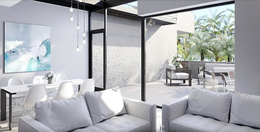 Rendering of the living room in one of the condos at Bath + Racquet Residences & Club.