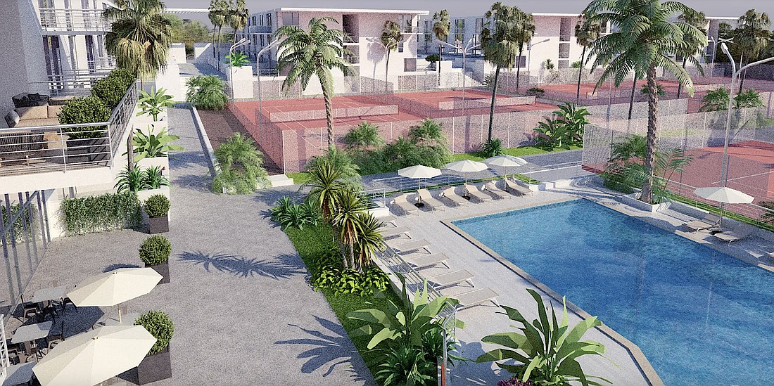 Residents of some buildings in the redeveloped Bath + Racquet Residences & Club will have views of the courts and members' pool.