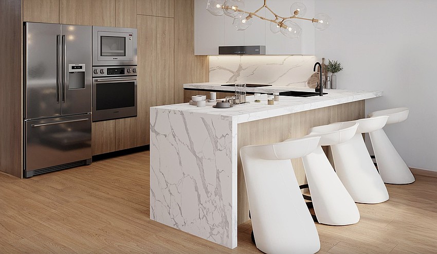 Renderng of a kitchen in one of the condo units at Bath + Racquet Residences & Club.