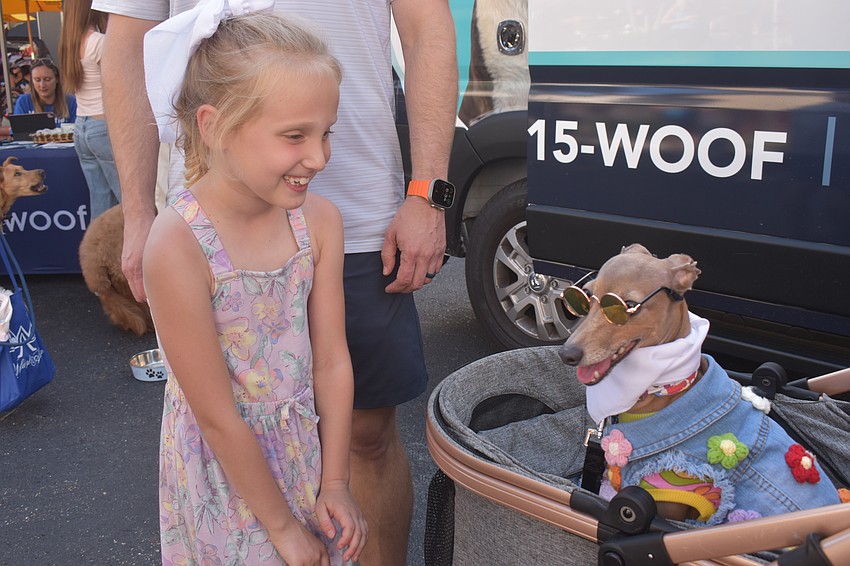 Lakewood Ranch's Charlotte Roberts, 7, greets Dolly, a therapy dog with Humane Society of Sarasota County, at Woofstock.