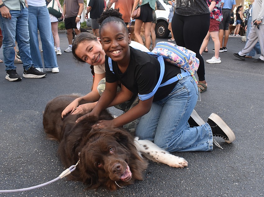 Lakewood Ranch's Alia Lascaibar, 10, and Zaina Johnson, 9, pet 8-year-old Newfoundland Callie who loves people at Woofstock.