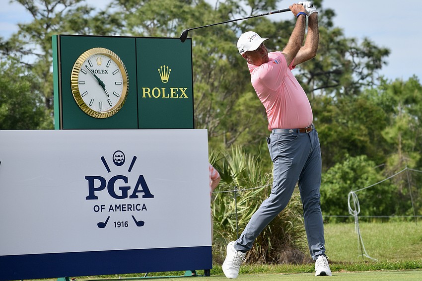 On the 16th tee, Stewart Cink watches his shot fly. He carded no bogeys in his final round after at least two in each of his previous three rounds.