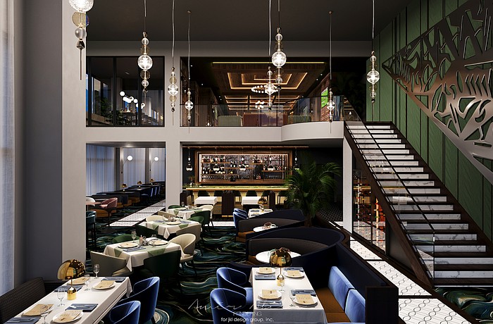 1000 North will feature a floating staircase connecting the downsairs dining room with the walnut-lined second-floor lounges.