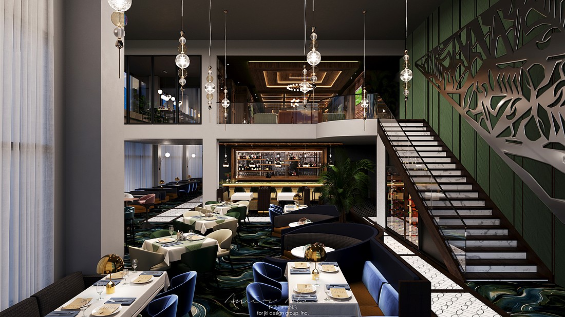 1000 North will feature a floating staircase connecting the downsairs dining room with the walnut-lined second-floor lounges.