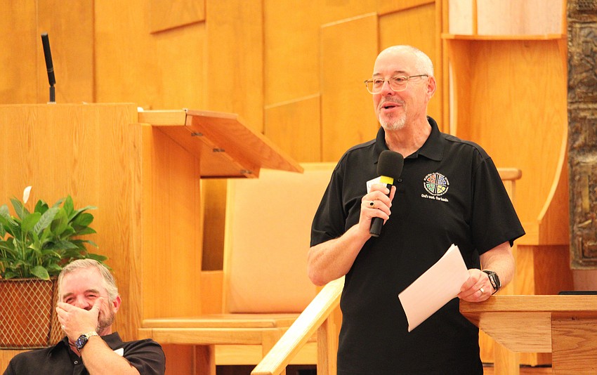 Poking fun at his background as a Brit, St. Armands Key Lutheran Church's Rev. Kenneth Blyth earns some hearty laughter singing a few cheeky lines by King George III from the Broadway hit 